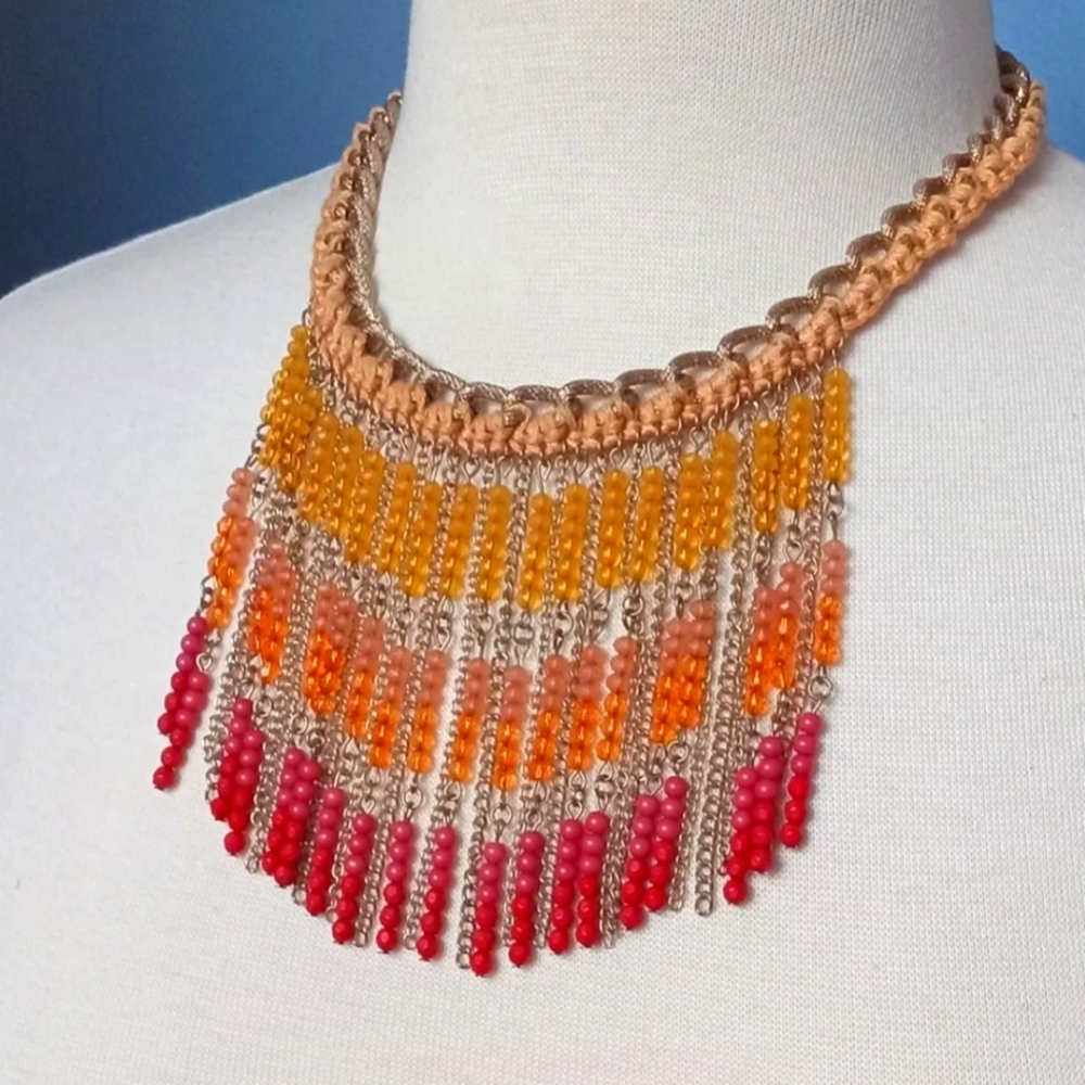 Anthropologie Multicolored Fringe Necklace Red Orange Yellow Necklace